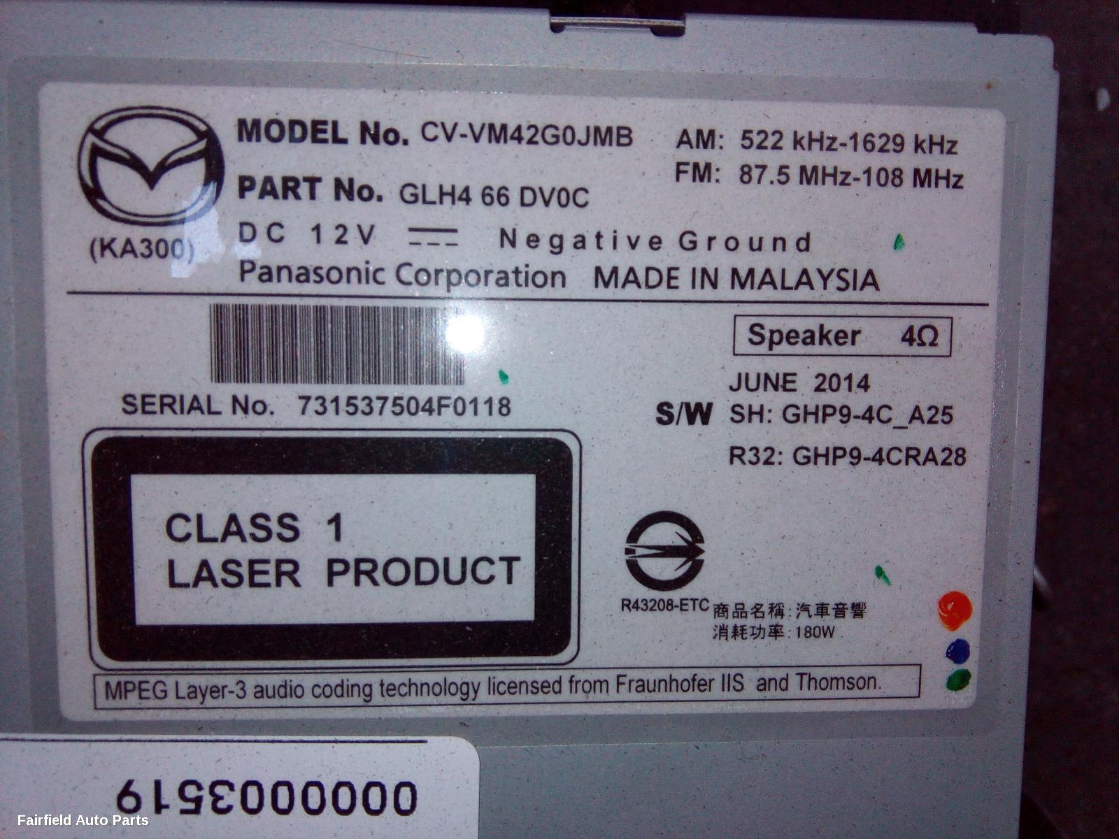 2015-2020 Mazda Cx3 Radio Cd Dvd Sat Tv