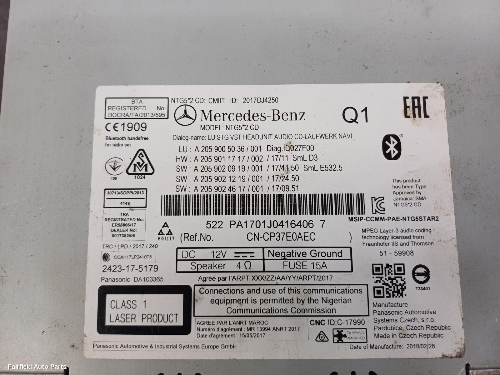 2014-2018 Mercedes C Class Radio Cd Dvd Sat Tv