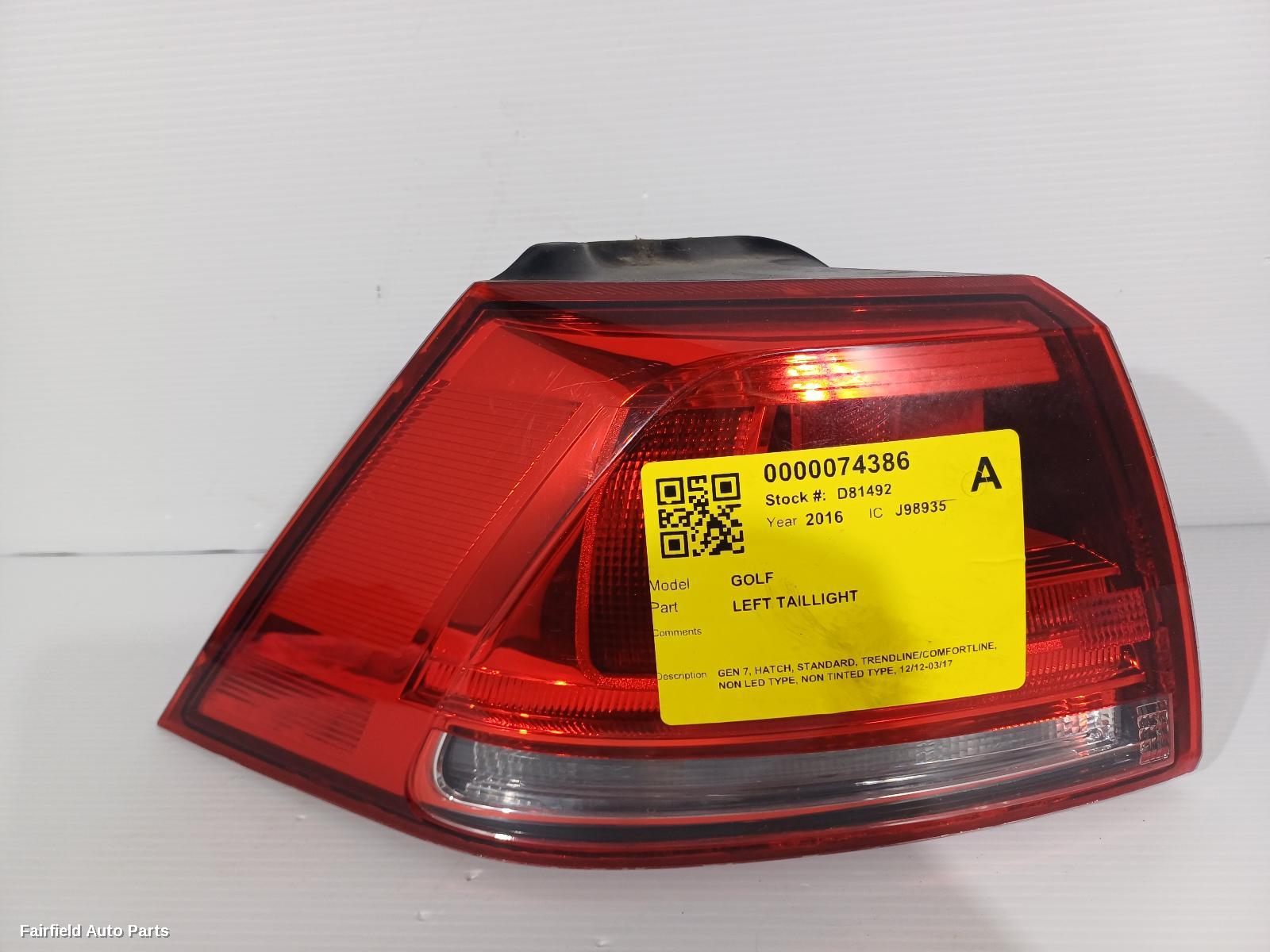 2012-2017 Volkswagen Golf Left Taillight