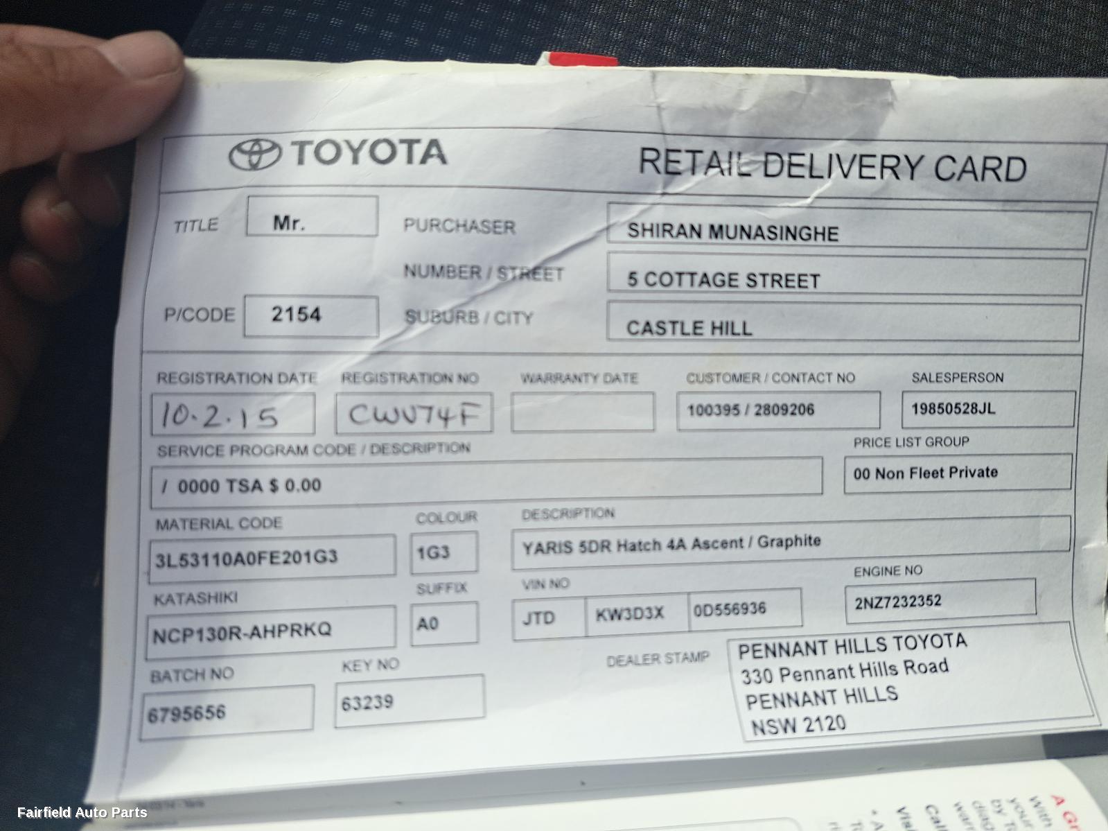 2015 Toyota Yaris Left Headlamp