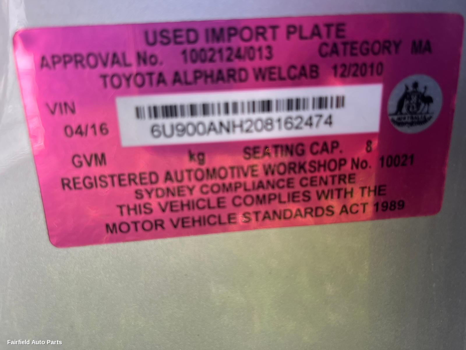 2010 Toyota Alphard Left Headlamp