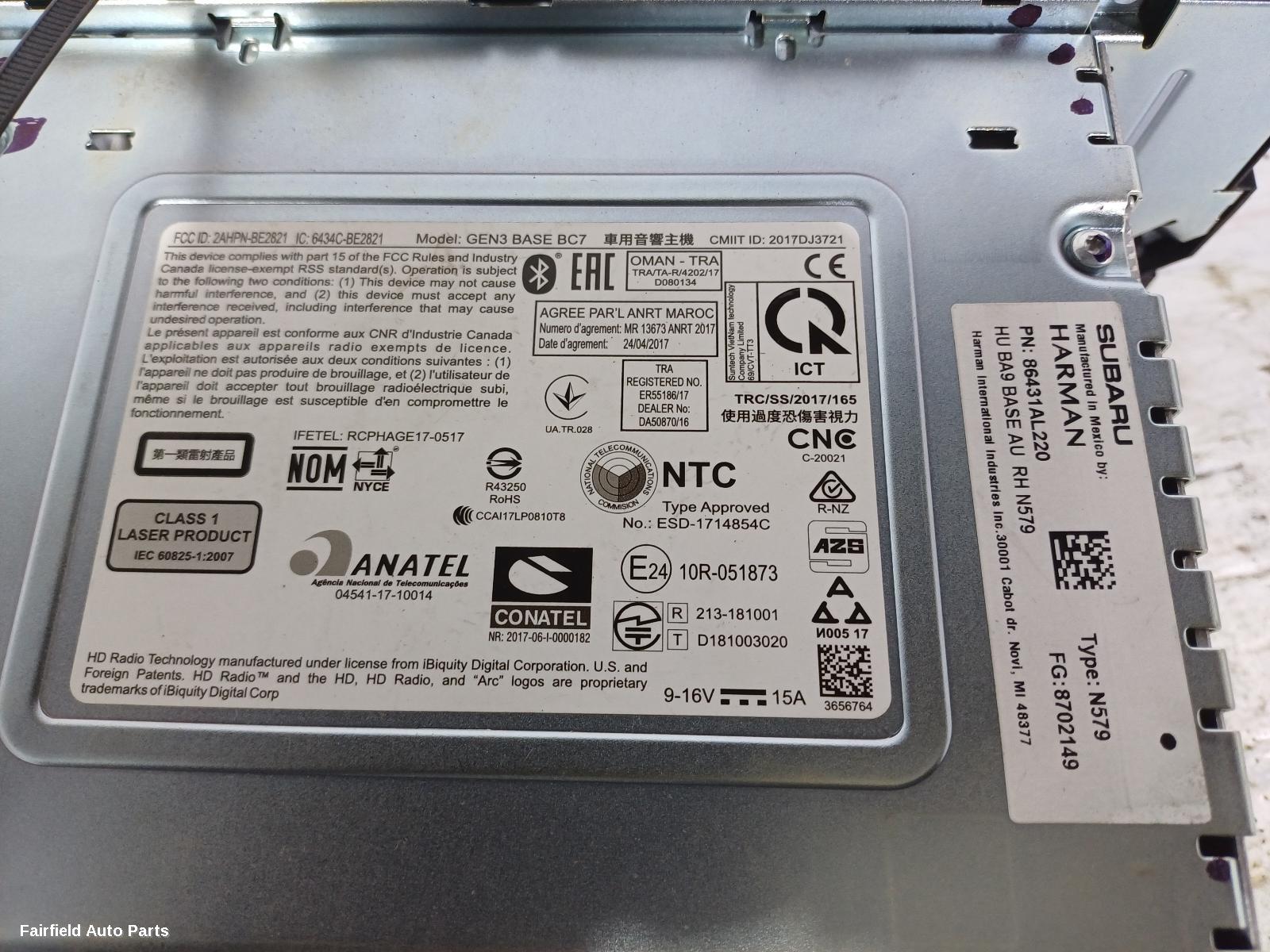 2017-2021 Subaru Liberty Radio Cd Dvd Sat Tv