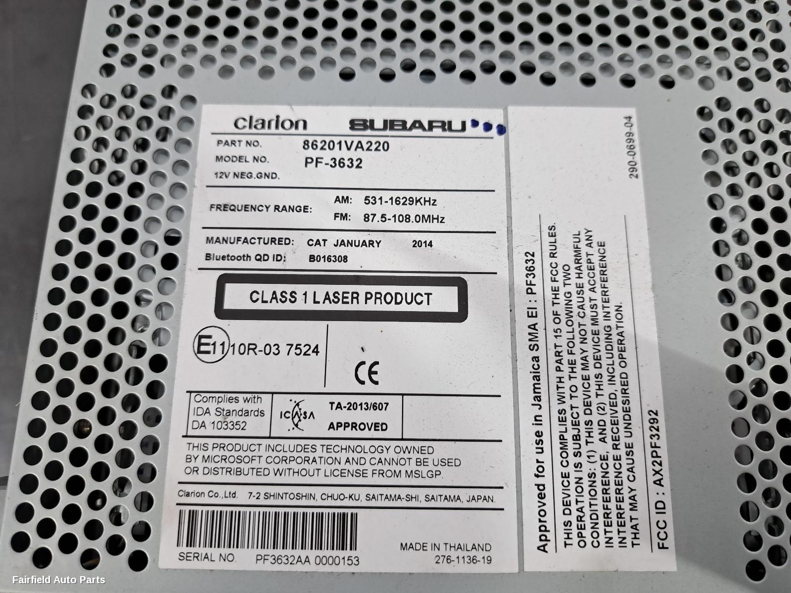 2014-2021 Subaru Wrx Radio Cd Dvd Sat Tv