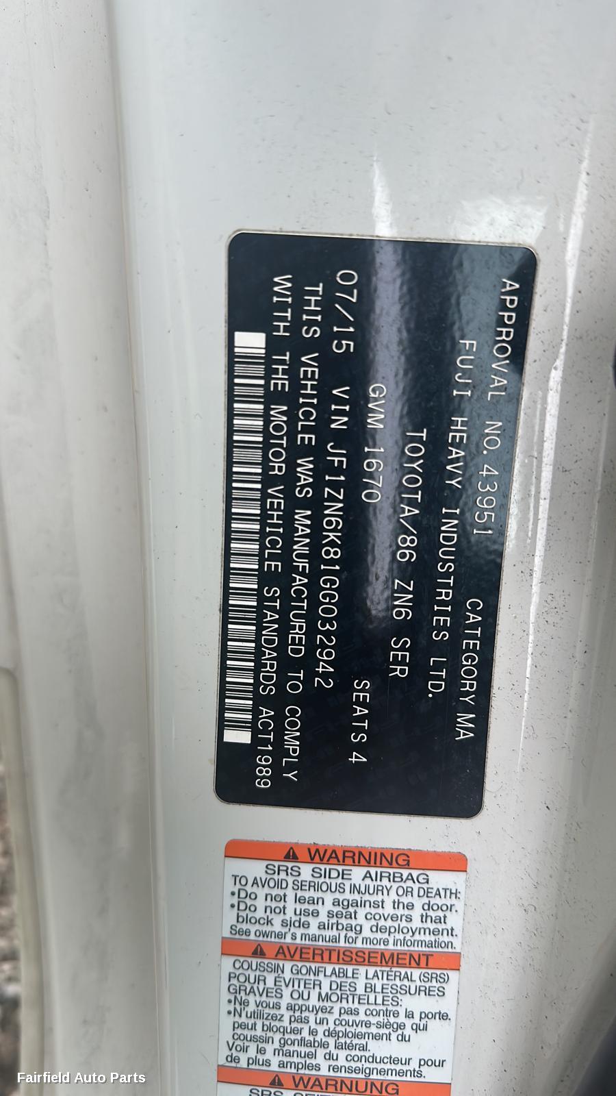 2015 Toyota 86 Combination Switch