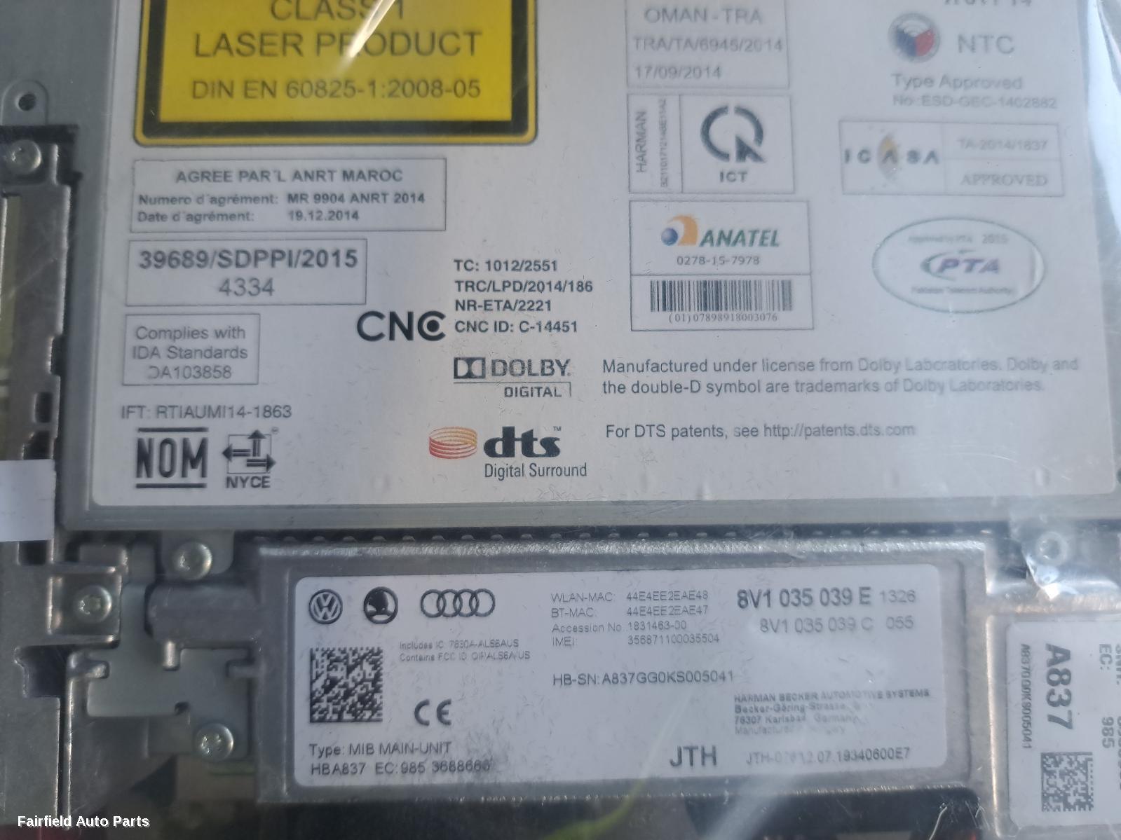 2015-2020 Audi A3 Radio Cd Dvd Sat Tv