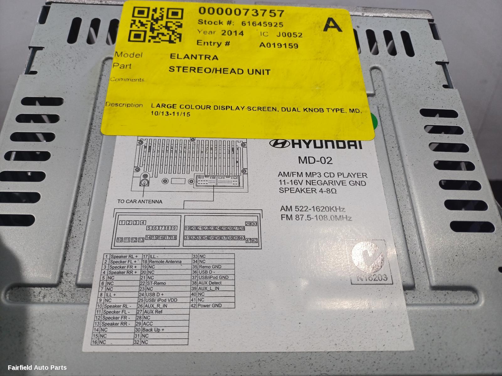 2013-2015 Hyundai Elantra Radio Cd Dvd Sat Tv