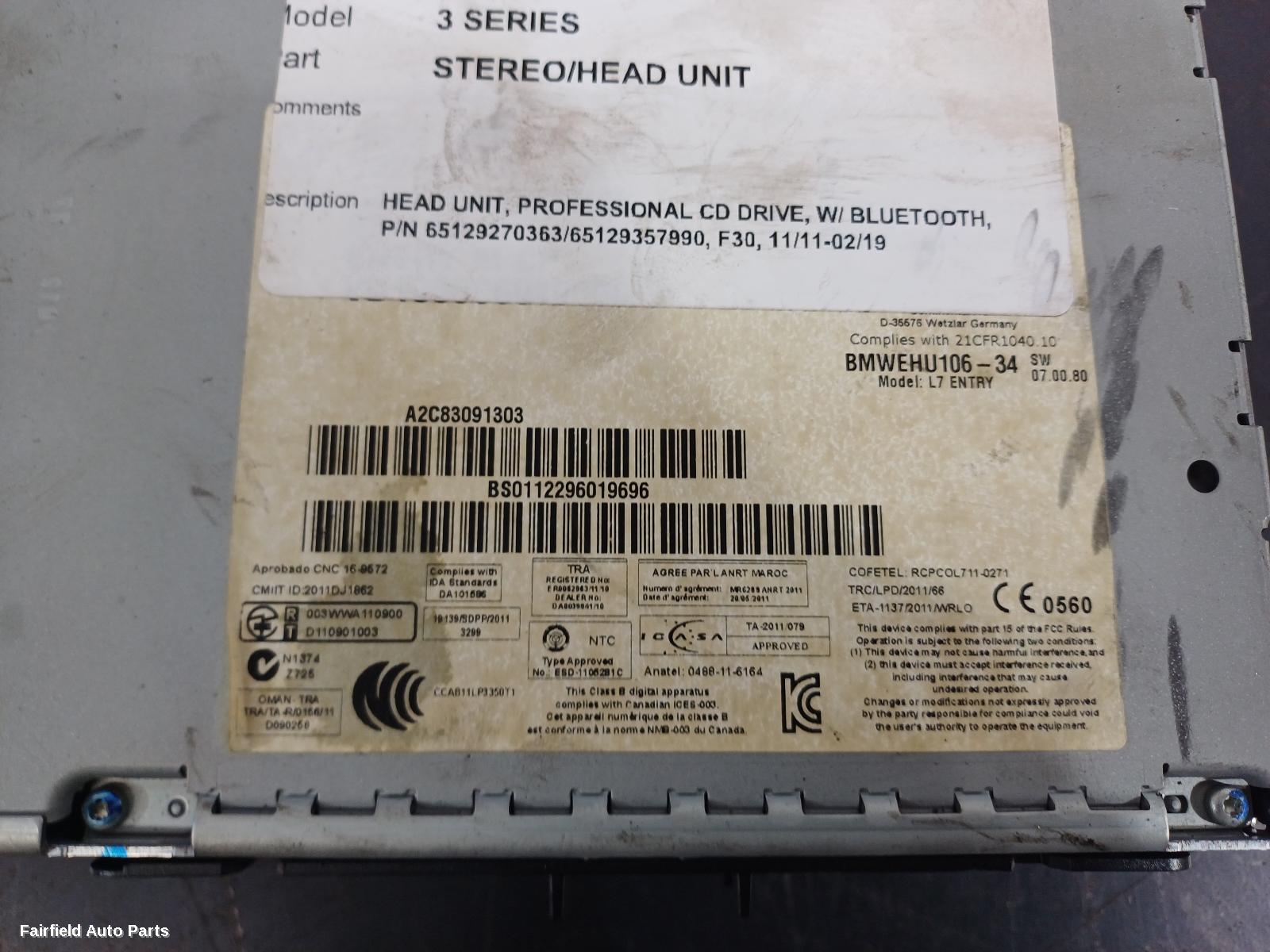 2011-2019 Bmw 3 Series Radio Cd Dvd Sat Tv