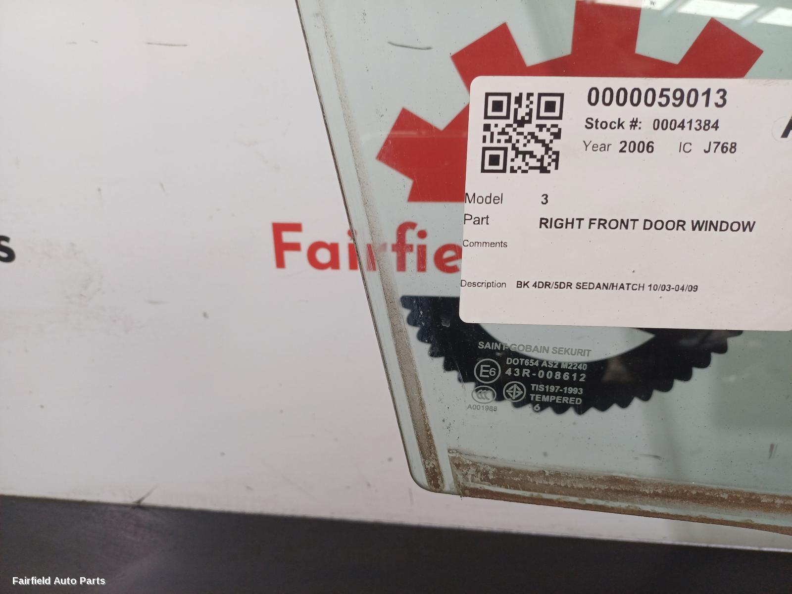 2003-2009 Mazda 3 Right Front Door Window