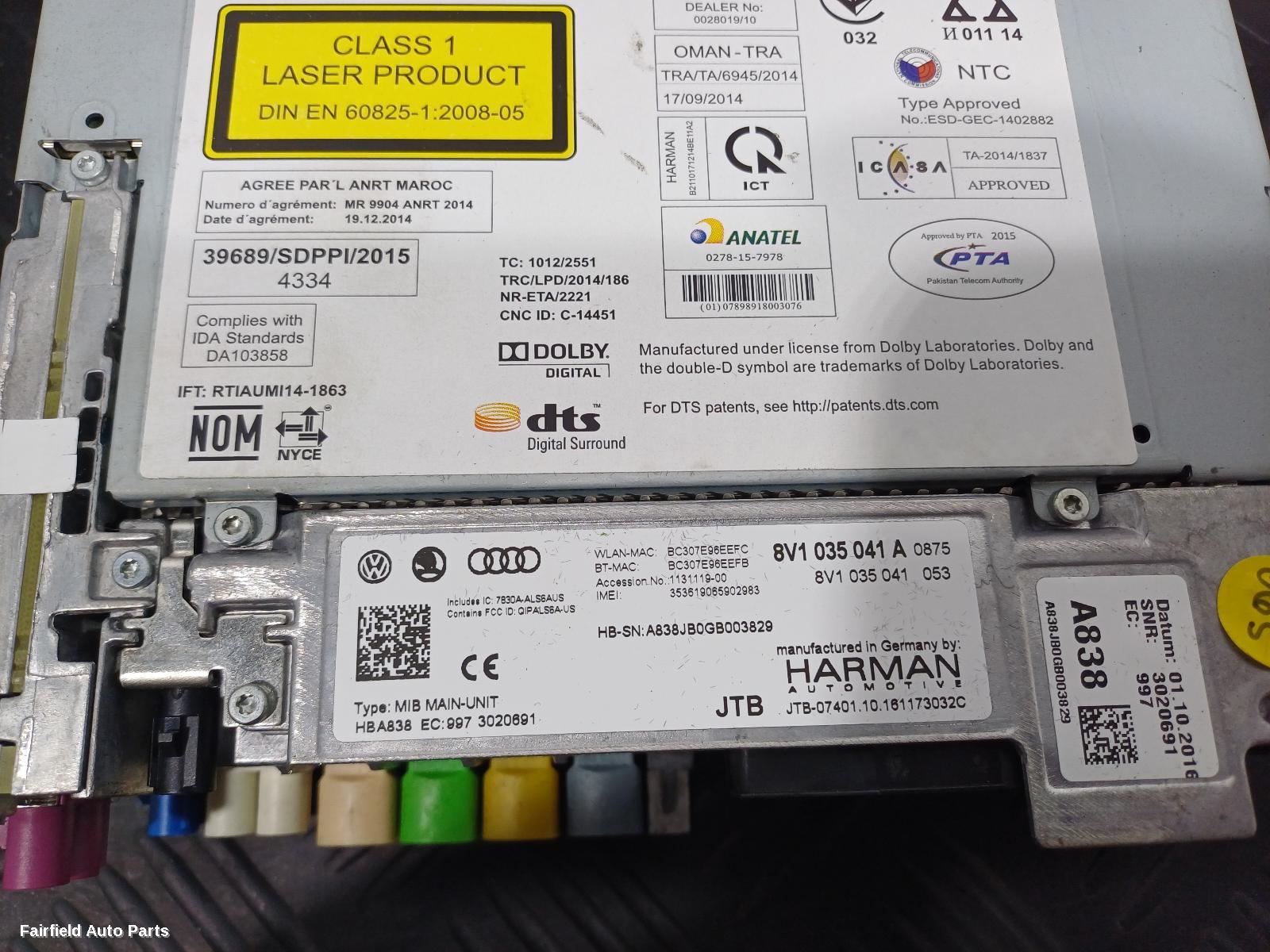 2015-2020 Audi A3 Radio Cd Dvd Sat Tv